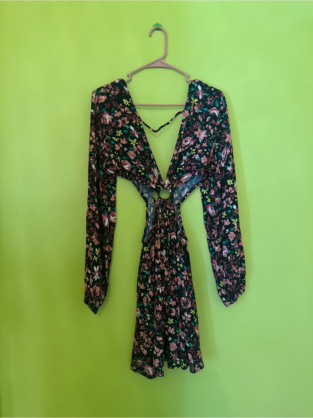 Black Floral Cutout Tie-Front Mini Dress